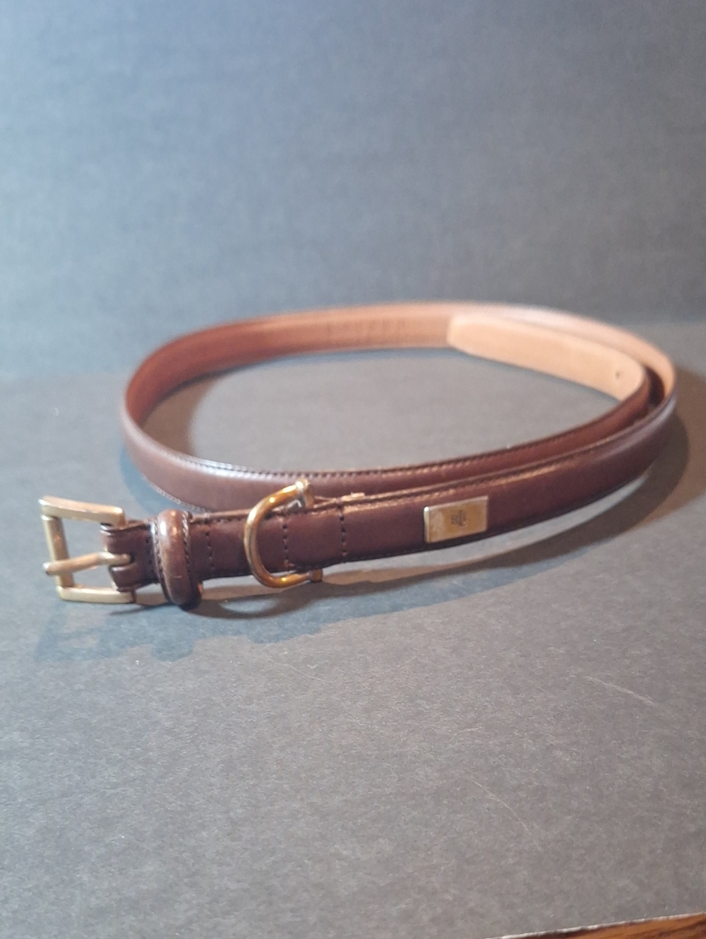 LRL Lauren Ralph Lauren Chocolate Brown Leather Thin Belt with Brass Hardware